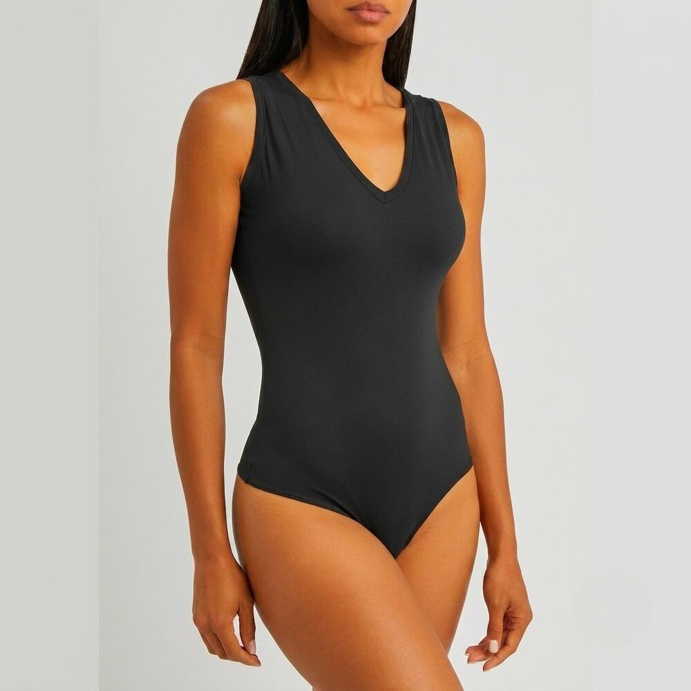 Spanx Tank Bodysuit Suit Yourself Stretch Jersey V-Neck Sleeveless Black Medium